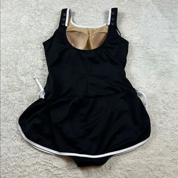 Vintage 90s does 60s T.H.E. black one piece swimsuit swim skirt, size 16 - Picture 2 of 8